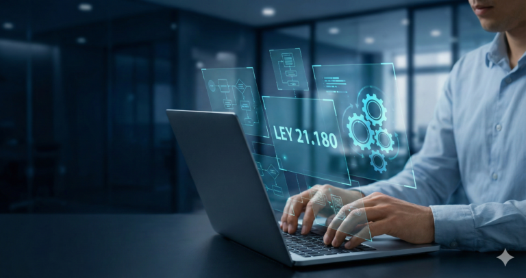 Persona trabajando en una computadora portátil con gráficos holográficos sobre procesos digitales y el texto "Ley 21.180" flotando sutilmente, fondo de oficina moderna azul oscuro.