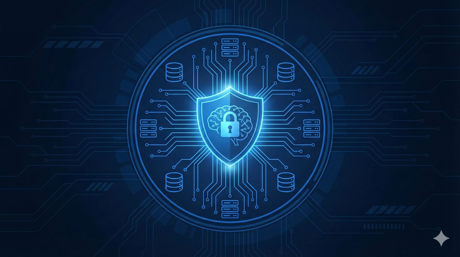 Ilustración tecnológica azul que muestra un escudo con un candado y un cerebro en el centro, rodeado de servidores y bases de datos conectados por circuitos, representando una Arquitectura RAG Local segura y la soberanía del dato.